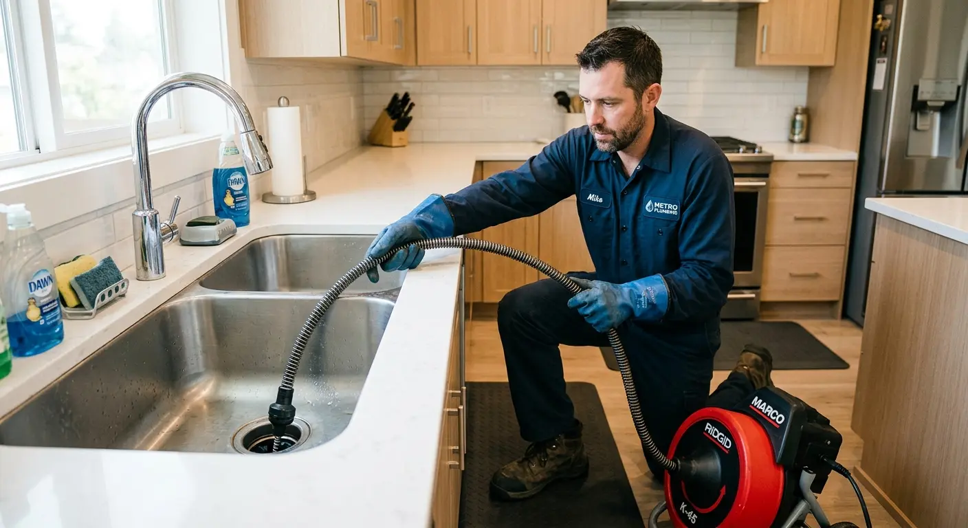 Drain cleaning technician using a motorized snake on a kitchen sink in McCalla
