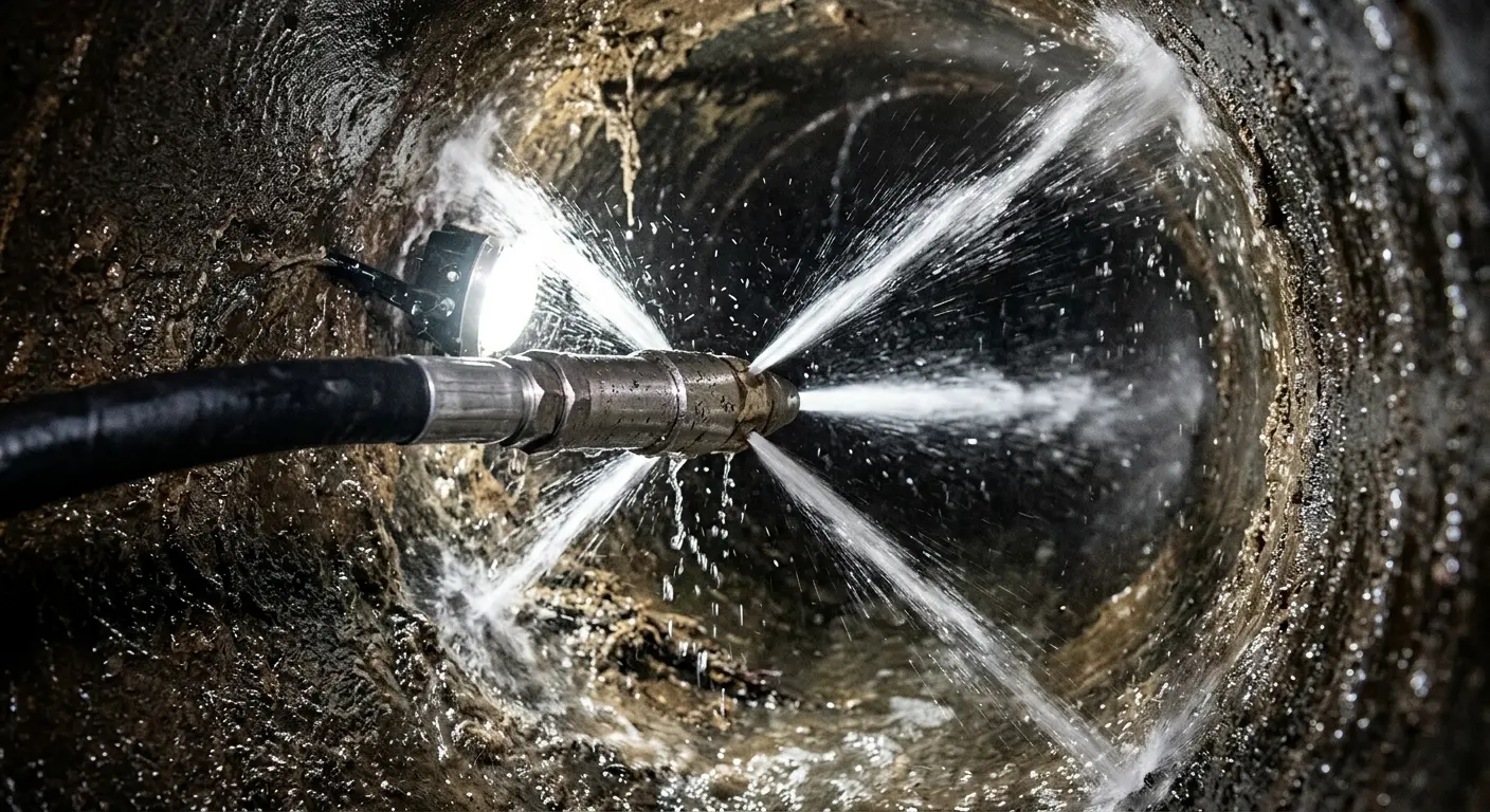 High-pressure hydro jetting nozzle cleaning sewer pipe for Emergency Drain Service in McCalla