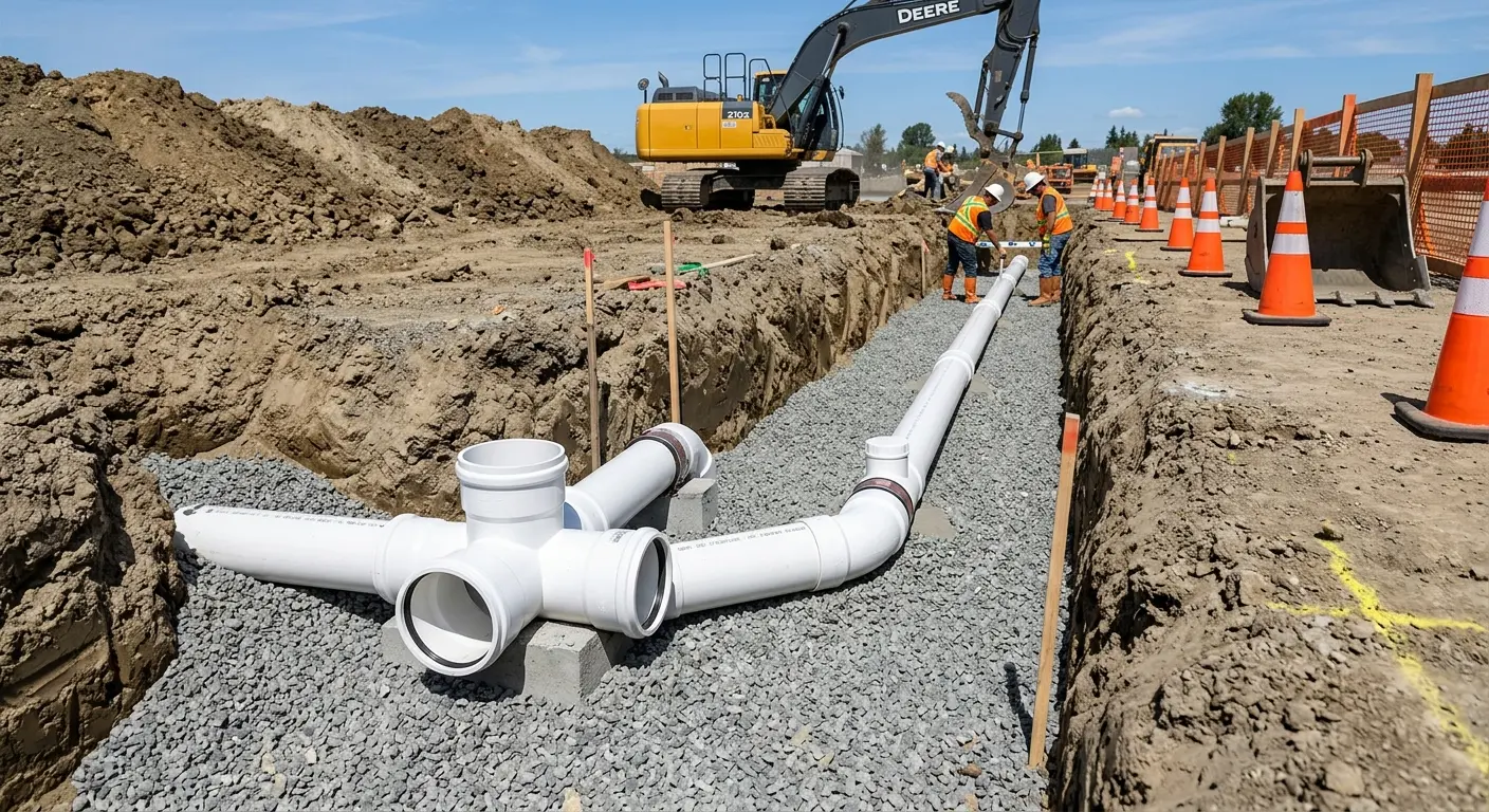 New PVC sewer pipe installation in open trench for Commercial Drain Cleaning in McCalla