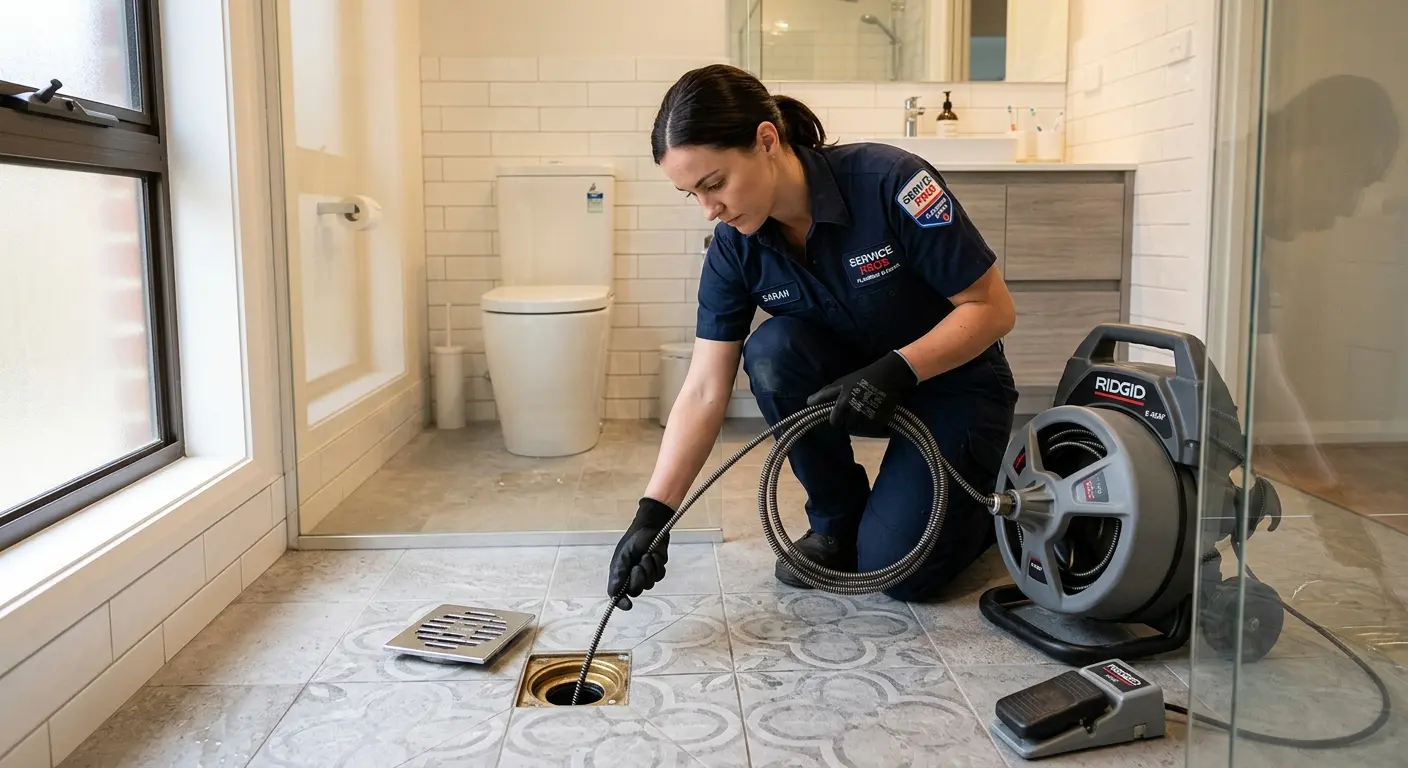 Technician clearing a bathroom floor drain for Hydro Jetting in McCalla